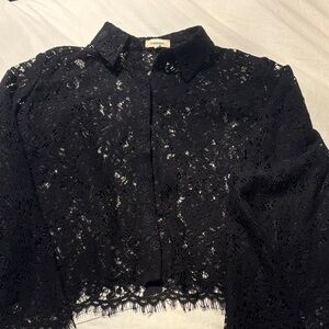 L'AGENCE Black Lace Button-Down Collared Top